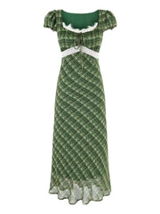 LIZAKOSHT - Summer New Women's Clothing French Green Grid Square Collar Lace Patchwork Jumpsuit Sweet and Fresh Club Party Long Dress
