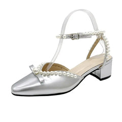 LIZAKOSHT Spring and Summer Mary Jane Single Shoes Pearl Fairy Women's Shoes Wedding Dress Shoes Middle Heel Sweet Baotou Sandals