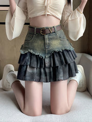 LIZAKOSHT - Women Blue A-line Denim Skirt Vintage Aesthetic Y2k Mini Jean Skirt Harajuku Korean Streetwear Cowboy Skirt 2000s Clothes Summer