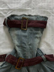 LIZAKOSHT - 2000s Vintage French Style Slim Fit Dress Women Blue Elegant Denim Strapless Dresses New Summer Y2k Off Shoulder Casual Clothing