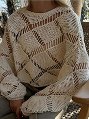 Lizakosht Loose Round Neck Hollow Out Pullover Women Solid Long Sleeved Knitwear Sweater 2024 New Fashion Female Vacation Jumper Tops