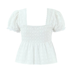 LIZAKOSHT - White Embroidery Hollow Out Hole Splice Lace V neck Short Puff Sleeve Shirt Women Center Button Elastic Back Slim Crop Tops