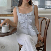 LIZAKOSHT - Vintage Lace-up Bow Pleated Casual Camisole Women Summer New Korean Contrast Color Striped Sexy Slim All Match Tops