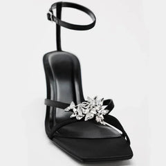 LIZAKOSHT - Shiny Rhinestone High Heels Women Summer New Open Toe Ankle Strap Thin Heels Dress Shoe Brand Design Rhinestone Sandals Femme