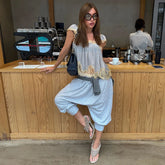 LIZAKOSHT - Lace Patchwork Blouse Thin Strap Lace Shoulder Panels Gathered Bust Spring Summer Cafe Date Lady Women Boho Casual Cami
