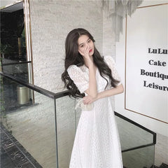 LIZAKOSHT - Lace Dresses for Women V Neck Solid Spring Summer Elegant Vestidos Mujer Korean Fashion Puff Sleeve Retro Long Dress