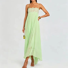 LIZAKOSHT - Sexy Off Shoulder Silk Suspender Dress Elegant Lace Embroidery Splice Party Dress Lady Fashion Sleeveless Pleat Solid Long Dress