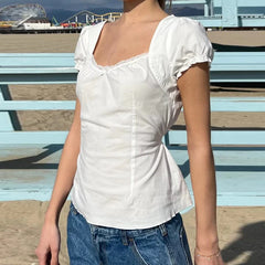 LIZAKOSHT - Lace Stitching Square Collar Top Summer French Style Puff Short Sleeve T-shirt Elegant Basic Clothing Chic Sweet Tops