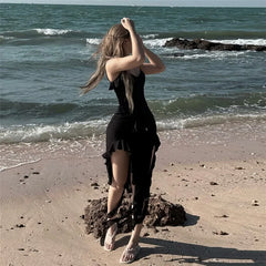 LIZAKOSHT - Fashion 2025 Spring New Women's Sexy Spicy Girl Bareback Irregular Design Ruffle Strap Dress