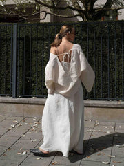 LIZAKOSHT - Ladies' Sexy Backless Shirt Back Opening Tie White Top Long Sleeved Loose Casual Cover Deep V Autumn Women's Clothing