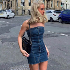LIZAKOSHT - Sexy Denim Summer Dresses Women Y2k Clothing Jeans Tube Bodycon Short Western Cowgirl Streetwear Mini New Arrival Dress