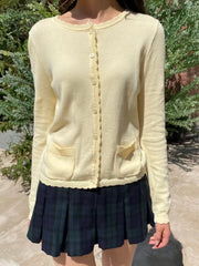 LIZAKOSHT - Pockets Yellow Knitted Cardigan Women Lace Trim O-Neck Cotton Long Sleeve Sweaters Autumn Sweet Preppy Style Knitwear Y2k Tops