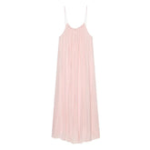 LIZAKOSHT - BOHO Women Wrinkled Pink Lacing Up Bow Strap Sling Dress O neck Loose Straight Midi Long Dresses Holiday Summer Sun Robe