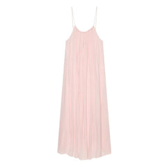 LIZAKOSHT - BOHO Women Wrinkled Pink Lacing Up Bow Strap Sling Dress O neck Loose Straight Midi Long Dresses Holiday Summer Sun Robe