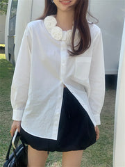 LIZAKOSHT - White Shirts Florals Chic Sweet Solid Cotton New Mujer Spring Full Sleeve 2024 Casual Office Lady Work Wear Loose