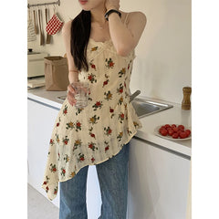 LIZAKOSHT - Y2K Floral Tank Top Women Vintage Asymmetrical Print Camis Summer Streetwear Korean Sexy V Neck Lace Spaghetti Strap Tops