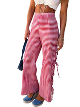 LIZAKOSHT - Women Wide-Leg Pants Plaid Side Tie-Up Hollow-Out Loose Trousers Spring Summer Casual Sweatpants Bottoms Leisure Daily