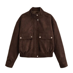 LIZAKOSHT - Vintage Suede Bomber Jacket For Women Brown Short Coat High Collar Long Sleeves With Pockets Overcoat New Autumn Winter