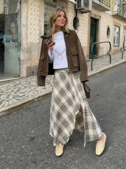 LIZAKOSHT - Women Casual Plaid Midi Skirt Chic Trendy Zip-up Asymmetrical Hem Skirt New Spring Summer Women Holiday Party Skirt