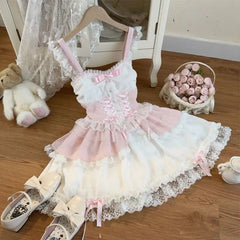 LIZAKOSHT - Japan Sweet Lolita Jsk Mini Dress Women Elegant Cute Bow Lace Bandage Princess Strap Dresses Girls Y2k Gothic Tea Party Dress