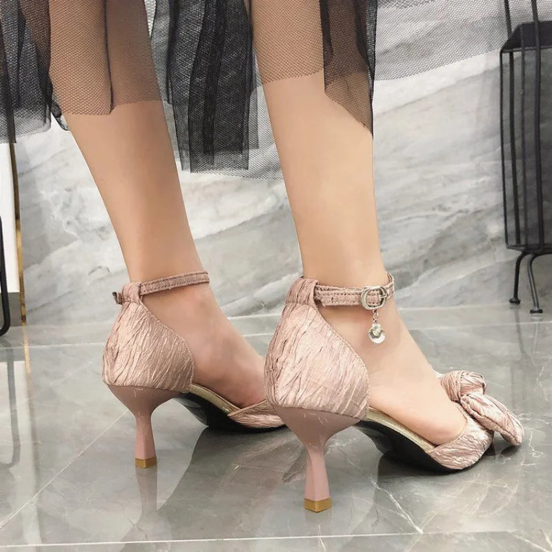LIZAKOSHT  -  Summer Thin Heels Footwear Stiletto Sandals for Woman Pink Bow Women's Shoes Pointed Toe Party Weddings Closed Sandal F Vip