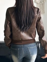 LIZAKOSHT - Safari Style Big Pockets Jackets Casual Pu Leather Turn-Down Collar Long Sleeve Coats Women Autumn Winter Fashion