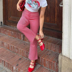 LIZAKOSHT - Plaid Flared Pants Women Summer Slim Fit Elastic High Waist Cropped Trousers Casual Sweatpants y2k Clothes Streetwear