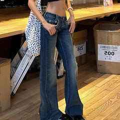 LIZAKOSHT  -  American High Street Low Rise Jeans Women Harajuku Y2K Blue Bootcut Denim Pants Fashion Classic Basic Simple Straight Trousers