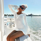LIZAKOSHT - Women Crochet Cover Up Dress Summer Long Sleeve Hollow Out Knit Mini Dress Sexy V Neck Backless Swimsuit Beach Dress