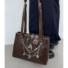 LIZAKOSHT - Sweet Cool Brown Shoulder Bags Purse Women High Street Leather Chain Handbag Ladies Moto Biker Casual The Tote Bag Y2k