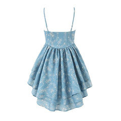 LIZAKOSHT - New Women Bow Tie Lace Trim Floral Print Sling Mini Dress Layered Hem Female Summer Holiday Beach Dresses Sexy Robe