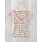 LIZAKOSHT - Japanese Subculture Fake Two Short-sleeved T-shirts Pink Striped Wide Necktie Tie Neck Women's Tees Y2k Sweet Spicy Slim Tops