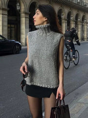 LIZAKOSHT - Knitted Solid Color Sleeveless Women's Vest Casual Loose Turtleneck Pullover New Autumn Fashion Classic Grey Women Sweater