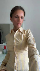 LIZAKOSHT - Casual Striped Short Slim Shirt Women Chic Lapel Long-sleeved Single Breasted Waist-cinching Top Lady Commute Street Wear