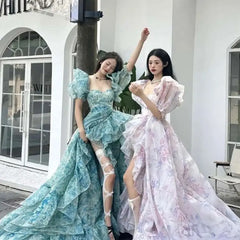 LIZAKOSHT - Pink Princess Dress Women Elegant Square Collar Puff Sleeve Mesh Party Dress High Waist Birthday Party Dress Fashion Prom Dress