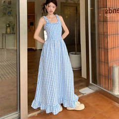 LIZAKOSHT - Suspender Long Skirt Fungus Edge Plaid New Sea Salt Ice Cream Women'S Fresh Summer Sweet Retro Long Dress
