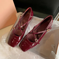 LIZAKOSHT - japanned leather cross band pumps women square toe low heel mary janes shoes woman crystal buckle zapatos de tacón mujer