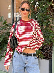 LIZAKOSHT - Casual Striped T-shirts for Women 2025 Autumn O-neck Long Sleeve Loose Tops Tees Female Contrast Color T Shirt Streetwear