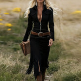 LIZAKOSHT - Western Retro Solid Suede Spliced Tassel Dress Woman Sexy Hollow Zipper Lapel Party Dress Autumn Long Sleeve Slim Bodycon Dress