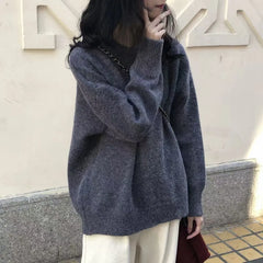 LIZAKOSHT - New Solid Color Sweater Women's Fall and Winter New Loose Pullover Versatile Lazy Wind Round Neck Knit Sweater Outer Wear