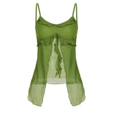 LIZAKOSHT - Ruffle Split Cami Holiday Boho Aesthetic Spaghetti Straps Crop Top Sexy Sheer Mesh Patchwork Corset Vintage Streetwear