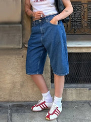 LIZAKOSHT  -  Denim Vintage Short Jeans Women Wide Leg High Waist 2025 Spring Summer Straight Pocket Pants Casual Solid Office Zipper Shorts