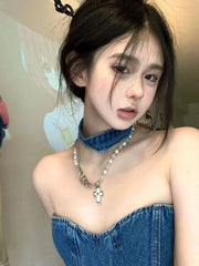 LIZAKOSHT - Sexy Party Birthday Dress for Women Sleeveless Strapless Irregularity Patchwork Summer Denim Midi Long Dresses Clubwear