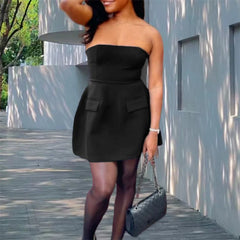 LIZAKOSHT - Tube Top Dresses for Women Sexy Solid Color Off Shoulder Strapless Sleeveless A Line Dress with 2 Pockets Party Dresses