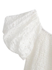 LIZAKOSHT - White Floral Embroidery Lace Mini Dresses for Women Off Shoulder Puff Sleeve Shirred Chest Short Dress Summer Boho Beach