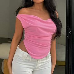 LIZAKOSHT - Elegant Women's Clothing Off Shoulder Slash Neck Solid Irregular Pleated Summer Daily T-shirt Sleeveless Y2k Slim Tops