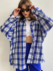 LIZAKOSHT - Bornladies 100% Cotton Women's Plaid Shirt Retro Fashion Long Sleeve Loose Top Summer Office Lady Casual Chic Cardigan Shirt
