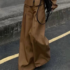 LIZAKOSHT  -  Striped Pants Short Blazer Outerwear 2025 New Brown V-Neck Loose Buttoned Split-Joint Wide Leg Trousers Female Clothin