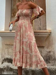 LIZAKOSHT - Summer Fashion Women's Elegant Dress Color Blocked Print Off Shoulder Strapless Sexy Lotus Leaf Sleeve Vacation Long Dress