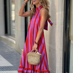 LIZAKOSHT - Women Sexy Halter Off Shoulder Striped Dress Beach Elegant Sleeveless Backless Long Dress Summer Swing Big Hem A-Line Maxi Dress